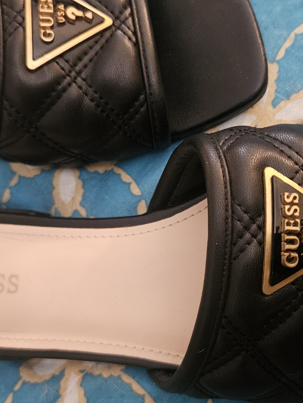 Guess " Tameli" Black Quilted Slide Sandals with Gold Triangle Logo